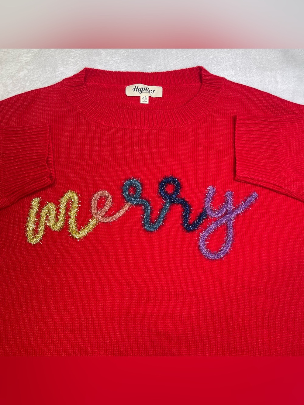 Haptics Red Merry Tinsel Script Christmas Sweater Women’s 2X Plus Holiday Party